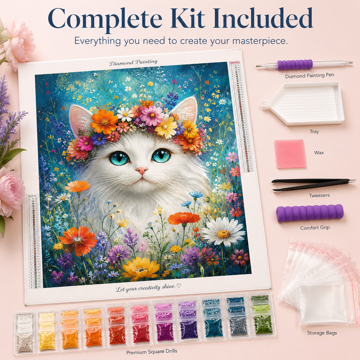 Flower Crown White Cat Diamond Painting Kit