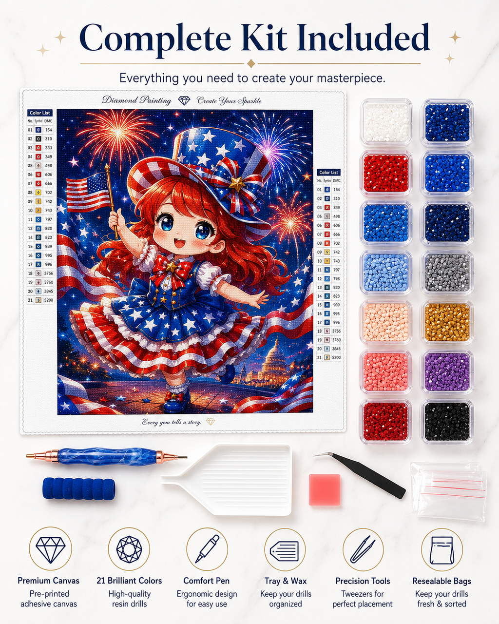 Patriotic Fireworks Girl Diamond Painting Kit
